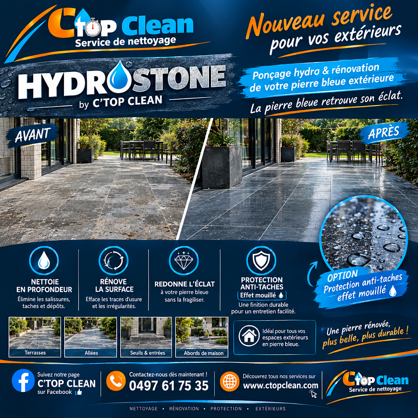 💧🪨 NOUVEAU CHEZ C’TOP CLEAN : HYDROSTONE !  Votre pierre bleue extérieure a perdu son éclat ? Elle est devenue terne, tachée ou marquée par le temps ?  Découvrez HYDROSTONE by C’TOP CLEAN, notre nouveau service de ponçage hydro et rénovation de la pierre bleue. ✨  Grâce à cette technique, nous pouvons intervenir pour :  🔹 Nettoyer en profondeur votre pierre 🔹 Éliminer les traces, taches et marques d’usure 🔹 Raviver la couleur naturelle de la pierre bleue 🔹 Rénov­er la surface pour lui redonner un aspect soigné 🔹 Et pour une finition encore plus complète : protection anti-taches avec effet mouillé 💦✨  💎 LA FINITION EFFET MOUILLÉ  Vous souhaitez donner à votre pierre bleue une apparence plus profonde et légèrement satinée, tout en facilitant son entretien ?  Nous proposons également une protection anti-taches effet mouillé, spécialement adaptée à la pierre.  👉 Une pierre rénovée 👉 Une couleur naturellement intensifiée 👉 Une protection supplémentaire contre les salissures et les taches  🏡 Terrasses • Allées • Seuils • Entrées • Abords de maison • Espaces extérieurs  📸 AVANT / APRÈS : la différence se voit !  📞 0497 61 75 35 📩 Contactez C’TOP CLEAN pour plus d’informations ou pour demander votre devis.  HYDROSTONE by C’TOP CLEAN La pierre bleue retrouve son éclat. 💧🪨